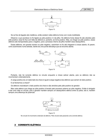 Eletricidade Básica e Eletrônica Geral 
SOCIESC 
[ 9 / 113 ] 
Figura 13 
Se os fios de ligação são metálicos, então existem neles elétrons livres com muita mobilidade. 
Observe o que acontece no fio ligado ao pólo positivo (+) da pilha. Os elétrons livres desse fio são atraídos pelo 
pólo positivo; esse fio fica com falta de elétrons e, portanto, se torna positivo. Mas, ao chegar ao pólo positivo, esses 
elétrons são transportados para o negativo, pois o processo interno da pilha mantém esse desequilíbrio. 
Esses elétrons, em grande número no pólo negativo, caminham no fio até chegarem à chave aberta. Aí param, 
como automóveis numa estrada, diante de uma ponte elevadiça que se encontra aberta. 
Figura 14 
Portanto, não há corrente elétrica no circuito enquanto a chave estiver aberta, pois os elétrons não se 
movimentam ordenadamente. 
A carga positiva de um dado lado da chave é igual à carga negativa dos elétrons que saíram do lado positivo. 
E se fecharmos a chave? 
Os elétrons neutralizam o lado positivo da chave e são atraídos pelo pólo positivo do gerador. 
Mas cada elétron que chega ao pólo positivo é levado pelo processo externo ao pólo negativo. Então é obrigado 
a dar uma volta no circuito, pois o gerador mantém sempre um desequilíbrio elétrico entre os pólos, isto é, mantém 
sempre uma diferença de potencial. 
Figura 15 
No circuito há movimento ordenado de elétrons. Pelo circuito está passando uma corrente elétrica. 
2 CORRENTE ELÉTRICA 
 