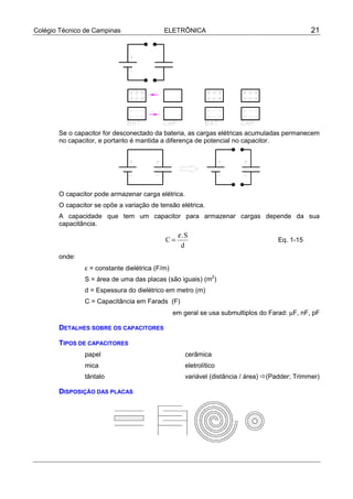 Colégio Técnico de Campinas                ELETRÔNICA                                          21




       Se o capacitor for desconectado da bateria, as cargas elétricas acumuladas permanecem
       no capacitor, e portanto é mantida a diferença de potencial no capacitor.




       O capacitor pode armazenar carga elétrica.
       O capacitor se opõe a variação de tensão elétrica.
       A capacidade que tem um capacitor para armazenar cargas depende da sua
       capacitância.
                                                 ε.S
                                           C=                                      Eq. 1-15
                                                  d
       onde:
               ε = constante dielétrica (F/m)
               S = área de uma das placas (são iguais) (m2)
               d = Espessura do dielétrico em metro (m)
               C = Capacitância em Farads (F)
                                                em geral se usa submultiplos do Farad: µF, nF, pF

       DETALHES SOBRE OS CAPACITORES

       TIPOS DE CAPACITORES
               papel                                cerâmica
               mica                                 eletrolítico
               tântalo                              variável (distância / área) !(Padder; Trimmer)

       DISPOSIÇÃO DAS PLACAS
 