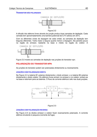 Colégio Técnico de Campinas                ELETRÔNICA                                         40

       TRANSISTOR NÃO POLARIZADO




                                              Figura 2-2
       A difusão dos elétrons livres através da junção produz duas camadas de depleção. Cada
       camada tem aproximadamente uma barreira potencial de 0,7V (silício) em 25°C.
       Com os diferentes níveis de dopagem de cada cristal, as camadas de depleção tem
       larguras diferentes. Tanto maior a largura quanto menor a dopagem. Ela penetra pouco
       na região do emissor, bastante na base e médio na região do coletor. A




       Figura 2-2 mostra as camadas de depleção nas junções do transistor npn.

       POLARIZAÇÃO DO TRANSISTOR NPN

       As junções do transistor podem ser polarizadas diretamente ou reversamente.

       JUNÇÕES COM POLARIZAÇÃO DIRETA
       Na Figura 2-3 a bateria B1 polariza diretamente o diodo emissor, e a bateria B2 polariza
       diretamente o diodo coletor. Os elétrons livres entram no emissor e no coletor, juntam-se
       na base e retornam para as baterias. O fluxo de corrente elétrica é alto nas duas junções.




                                              Figura 2-3

       JUNÇÕES COM POLARIZAÇÃO REVERSA
       Na Figura 2-4 os diodos emissor e coletor ficam reversamente polarizado. A corrente
       elétrica circulando é pequena (corrente de fuga).
 