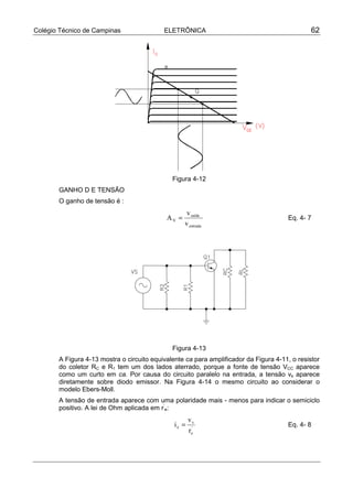 Colégio Técnico de Campinas                ELETRÔNICA                                          62




                                              Figura 4-12
       GANHO D E TENSÃO
       O ganho de tensão é :
                                                    v saída
                                            AV =                                       Eq. 4- 7
                                                   v entrada




                                              Figura 4-13
       A Figura 4-13 mostra o circuito equivalente ca para amplificador da Figura 4-11, o resistor
       do coletor RC e R1 tem um dos lados aterrado, porque a fonte de tensão VCC aparece
       como um curto em ca. Por causa do circuito paralelo na entrada, a tensão vs aparece
       diretamente sobre diodo emissor. Na Figura 4-14 o mesmo circuito ao considerar o
       modelo Ebers-Moll.
       A tensão de entrada aparece com uma polaridade mais - menos para indicar o semiciclo
       positivo. A lei de Ohm aplicada em r’e:
                                                      vs
                                               ie =                                    Eq. 4- 8
                                                      re'
 
