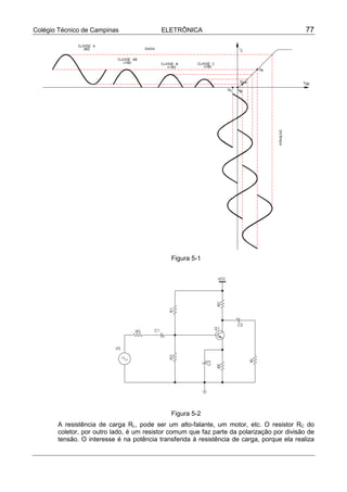 Colégio Técnico de Campinas               ELETRÔNICA                                        77




                                             Figura 5-1




                                             Figura 5-2
       A resistência de carga RL, pode ser um alto-falante, um motor, etc. O resistor RC do
       coletor, por outro lado, é um resistor comum que faz parte da polarização por divisão de
       tensão. O interesse é na potência transferida à resistência de carga, porque ela realiza
 
