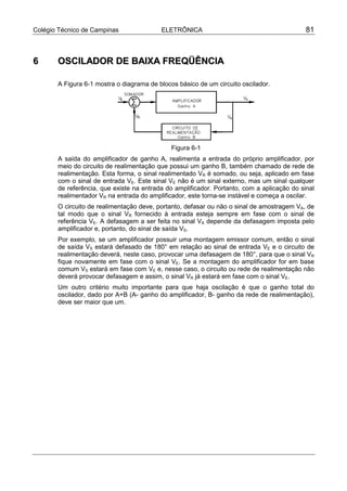 Colégio Técnico de Campinas               ELETRÔNICA                                        81



6      OSCILADOR DE BAIXA FREQÜÊNCIA

       A Figura 6-1 mostra o diagrama de blocos básico de um circuito oscilador.




                                              Figura 6-1
       A saída do amplificador de ganho A, realimenta a entrada do próprio amplificador, por
       meio do circuito de realimentação que possui um ganho B, também chamado de rede de
       realimentação. Esta forma, o sinal realimentado VR é somado, ou seja, aplicado em fase
       com o sinal de entrada VE. Este sinal VE não é um sinal externo, mas um sinal qualquer
       de referência, que existe na entrada do amplificador. Portanto, com a aplicação do sinal
       realimentador VR na entrada do amplificador, este torna-se instável e começa a oscilar.
       O circuito de realimentação deve, portanto, defasar ou não o sinal de amostragem VA, de
       tal modo que o sinal VR fornecido à entrada esteja sempre em fase com o sinal de
       referência VE. A defasagem a ser feita no sinal VA depende da defasagem imposta pelo
       amplificador e, portanto, do sinal de saída VS.
       Por exemplo, se um amplificador possuir uma montagem emissor comum, então o sinal
       de saída VS estará defasado de 180° em relação ao sinal de entrada VE e o circuito de
       realimentação deverá, neste caso, provocar uma defasagem de 180°, para que o sinal VR
       fique novamente em fase com o sinal VE. Se a montagem do amplificador for em base
       comum VS estará em fase com VE e, nesse caso, o circuito ou rede de realimentação não
       deverá provocar defasagem e assim, o sinal VR já estará em fase com o sinal VE.
       Um outro critério muito importante para que haja oscilação é que o ganho total do
       oscilador, dado por A+B (A- ganho do amplificador, B- ganho da rede de realimentação),
       deve ser maior que um.
 