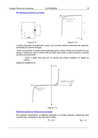 Colégio Técnico de Campinas               ELETRÔNICA                                           9

       POLARIZAÇÃO REVERSA DO DIODO




                    Figura 1-9                                       Figura 1-10
       o diodo polarizado reversamente, passa uma corrente elétrica extremamente pequena,
       (chamada de corrente de fuga).
        Se for aumentando a tensão reversa aplicada sobre o diodo, chega um momento em que
       atinge a tensão de ruptura (varia muito de diodo para diodo) a partir da qual a corrente
       aumenta sensivelmente.
               * Salvo o diodo feito para tal, os diodos não podem trabalhar na região de
               ruptura.
       GRÁFICO COMPLETO.




                                             Figura 1-11

       ESPECIFICAÇÕES DE POTÊNCIA DE UM DIODO
       Em qualquer componente, a potência dissipada é a tensão aplicada multiplicada pela
       corrente que o atravessa e isto vale para o diodo:
                                             P = U∗I                                Eq. 1- 2
 