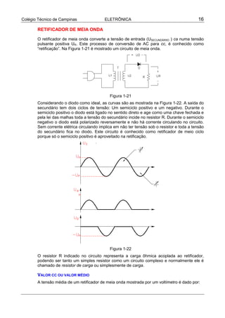 Colégio Técnico de Campinas ELETRÔNICA 16
RETIFICADOR DE MEIA ONDA
O retificador de meia onda converte a tensão de entrada (USECUNDÁRIIO ) ca numa tensão
pulsante positiva UR. Este processo de conversão de AC para cc, é conhecido como
“retificação”. Na Figura 1-21 é mostrado um circuito de meia onda.
Figura 1-21
Considerando o diodo como ideal, as curvas são as mostrada na Figura 1-22. A saída do
secundário tem dois ciclos de tensão: Um semiciclo positivo e um negativo. Durante o
semiciclo positivo o diodo está ligado no sentido direto e age como uma chave fechada e
pela lei das malhas toda a tensão do secundário incide no resistor R. Durante o semiciclo
negativo o diodo está polarizado reversamente e não há corrente circulando no circuito.
Sem corrente elétrica circulando implica em não ter tensão sob o resistor e toda a tensão
do secundário fica no diodo. Este circuito é conhecido como retificador de meio ciclo
porque só o semiciclo positivo é aproveitado na retificação.
Figura 1-22
O resistor R indicado no circuito representa a carga ôhmica acoplada ao retificador,
podendo ser tanto um simples resistor como um circuito complexo e normalmente ele é
chamado de resistor de carga ou simplesmente de carga.
VALOR CC OU VALOR MÉDIO
A tensão média de um retificador de meia onda mostrada por um voltímetro é dado por:
 