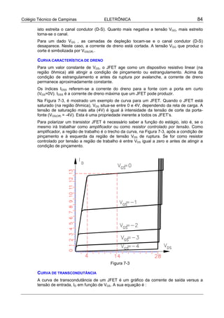 Colégio Técnico de Campinas ELETRÔNICA 84
isto estreita o canal condutor (D-S). Quanto mais negativa a tensão VGG, mais estreito
torna-se o canal.
Para um dado VGG , as camadas de depleção tocam-se e o canal condutor (D-S)
desaparece. Neste caso, a corrente de dreno está cortada. A tensão VGG que produz o
corte é simbolizada por VGS(Off) .
CURVA CARACTERÍSTICA DE DRENO
Para um valor constante de VGS, o JFET age como um dispositivo resistivo linear (na
região ôhmica) até atingir a condição de pinçamento ou estrangulamento. Acima da
condição de estrangulamento e antes da ruptura por avalanche, a corrente de dreno
permanece aproximadamente constante.
Os índices IDSS referem-se a corrente do dreno para a fonte com a porta em curto
(VGS=0V). IDSS é a corrente de dreno máxima que um JFET pode produzir.
Na Figura 7-3, é mostrado um exemplo de curva para um JFET. Quando o JFET está
saturado (na região ôhmica), VDS situa-se entre 0 e 4V, dependendo da reta de carga. A
tensão de saturação mais alta (4V) é igual à intensidade da tensão de corte da porta-
fonte (VGS(Off) = -4V). Esta é uma propriedade inerente a todos os JFET’s.
Para polarizar um transistor JFET é necessário saber a função do estágio, isto é, se o
mesmo irá trabalhar como amplificador ou como resistor controlado por tensão. Como
amplificador, a região de trabalho é o trecho da curva, na Figura 7-3, após a condição de
pinçamento e à esquerda da região de tensão VDS de ruptura. Se for como resistor
controlado por tensão a região de trabalho é entre VDS igual a zero e antes de atingir a
condição de pinçamento.
Figura 7-3
CURVA DE TRANSCONDUTÂNCIA
A curva de transcondutância de um JFET é um gráfico da corrente de saída versus a
tensão de entrada, ID em função de VGS. A sua equação é :
 