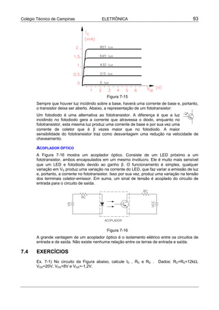 Colégio Técnico de Campinas ELETRÔNICA 93
Figura 7-15
Sempre que houver luz incidindo sobre a base, haverá uma corrente de base e, portanto,
o transistor deixa ser aberto. Abaixo, a representação de um fototransistor:
Um fotodiodo é uma alternativa ao fototransistor. A diferença é que a luz
incidindo no fotodiodo gera a corrente que atravessa o diodo, enquanto no
fototransistor, esta mesma luz produz uma corrente de base e por sua vez uma
corrente de coletor que é β vezes maior que no fotodiodo. A maior
sensibilidade do fototransistor traz como desvantagem uma redução na velocidade de
chaveamento.
ACOPLADOR ÓPTICO
A Figura 7-16 mostra um acoplador óptico. Consiste de um LED próximo a um
fototransistor, ambos encapsulados em um mesmo invólucro. Ele é muito mais sensível
que um LED e fotodiodo devido ao ganho β. O funcionamento é simples, qualquer
variação em VS produz uma variação na corrente do LED, que faz variar a emissão de luz
e, portanto, a corrente no fototransistor. Isso por sua vez, produz uma variação na tensão
dos terminais coletor-emissor. Em suma, um sinal de tensão é acoplado do circuito de
entrada para o circuito de saída.
Figura 7-16
A grande vantagem de um acoplador óptico é o isolamento elétrico entre os circuitos de
entrada e de saída. Não existe nenhuma relação entre os terras de entrada e saída.
7.4 EXERCÍCIOS
Ex. 7-1) No circuito da Figura abaixo, calcule ID , RS e RD . Dados: RD+RS=12kΩ,
VDD=20V, VDS=8V e VGS=-1,2V.
 