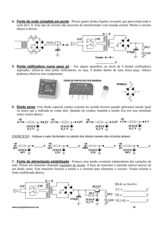 4. Fonte de onda completa em ponte - Possui quatro diodos ligados em ponte que aproveitam todo o
ciclo da C.A. Este tipo de circuito não necessita de transformador com tomada central. Monte o circuito
abaixo à direita:
5. Ponte retificadora numa peça só – Em alguns aparelhos, ao invés de 4 diodos retificadores
separados, utiliza-se uma ponte retificadora, ou seja, 4 diodos dentro de uma única peça. Abaixo
podemos observar este componente:
6. Diodo zener -Este diodo especial conduz corrente no sentido inverso quando aplicamos tensão igual
ou maior que a indicada no corpo dele. Quando ele conduz, mantém a tensão fixa nos seus terminais
como vemos abaixo:
EXERCÍCIO – Indique o valor da tensão no catodo dos diodos zeners dos circuitos abaixo:
7. Fonte de alimentação estabilizada - Fornece uma tensão constante independente das variações da
rede. Possui um transistor chamado regulador de tensão. A base do transistor é mantida estável através de
um diodo zener. Este transistor fornece a tensão e a corrente para alimentar o circuito. Vamos montar a
fonte estabilizada abaixo:
www.burgoseletronica.net 29
 