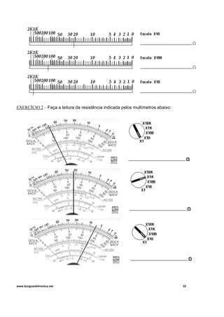 EXERCÍCIO 2 – Faça a leitura da resistência indicada pelos multímetros abaixo:
www.burgoseletronica.net 32
 