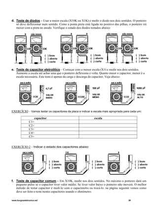 d. Teste de diodos – Usar a maior escala (X10K ou X1K) e medir o diodo nos dois sentidos. O ponteiro
só deve deflexionar num sentido. Como a ponta preta está ligada no positivo das pilhas, o ponteiro irá
mexer com a preta no anodo. Verifique o estado dos diodos testados abaixo:
e. Teste de capacitor eletrolítico – Começar com a menor escala (X1) e medir nos dois sentidos.
Aumente a escala até achar uma que o ponteiro deflexiona e volta. Quanto maior o capacitor, menor é a
escala necessária. Este teste é apenas da carga e descarga do capacitor. Veja abaixo:
EXERCÍCIO – Vamos testar os capacitores da placa e indicar a escala mais apropriada para cada um:
EXERCÍCIO 2 – Indicar o estado dos capacitores abaixo:
f. Teste de capacitor comum – Em X10K, medir nos dois sentidos. No máximo o ponteiro dará um
pequeno pulso se o capacitor tiver valor médio. Se tiver valor baixo o ponteiro não moverá. O melhor
método de testar capacitor é medi-lo com o capacímetro ou trocá-lo. na página seguinte vemos como
deve ser feito o teste nestes capacitores usando o ohmímetro.
www.burgoseletronica.net 36
capacitor escala
C1=
C2=
C3=
C4=
C5=
 