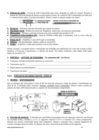 a. Antena do rádio – O sinal de AM é transmitido para cima, chegando ao rádio na vertical. Portanto a
antena do AM é um bastão de ferrite ou uma antena externa. Já o sinal de FM é transmitido em linha reta
e a antena destes rádios é do tipo telescópica. Abaixo vemos as antenas usadas nos rádios:
b. Sintonia – Seleciona uma das emissoras que entram na antena.
c. Oscilador local – Produz um sinal com freqüência maior que a da emissora sintonizada.
d. Misturador – Mistura o sinal da emissora com o do oscilador para produzir a FI.
e. Freqüência Intermediária (FI) – Sinal de 455KHz obtido após o misturador. Este é o novo valor da
RF da emissora sintonizada.
f. Etapa de FI – Amplifica o sinal de FI após o misturador.
g. Detetor – Ou demodulador, separa o áudio do sinal de FI.
h. Áudio – Amplifica o áudio para produzir som no alto-falante.
Destes circuitos, o oscilador local e o misturador são formados por transístores (às vezes um só para as duas
funções), a FI possui 2 transístores e o detetor um diodo. Nos rádios modernos, estas etapas estão todas
dentro de um único CI.
3. PRÁTICA – LEITURA DE ESQUEMA – No esquema 4A identifique:
Transístor oscilador/misturador (sintonia ou conversor) - _____________________________________;
Transístores de FI - ___________________________________________________________________;
Diodo detetor (ou demodulador) - _______________________________________________________;
Transístores de áudio - ________________________________________________________________.
XXIV – CIRCUITOS DO RÁDIO AM/FM – PARTE 2
1. TEORIA – SINTONIZADOR
São os circuitos que selecionam o sinal de RF de uma das emissoras vindas da antena e transformam em
sinal de FI. É formado pelos circuitos: sintonia, oscilador local e misturador. Abaixo vemos circuito de
sintonia de rádio AM transistorizado e o aspecto de seus principais componentes:
a. Circuito de sintonia – É formado por uma bobina em paralelo com um capacitor variável e um trimmer.
No exemplo acima, a bobina é a L1 e o capacitor variável é CV1 e o trimmer CT1. Estes componentes
formam um circuito sintonizado numa certa frequência. Apenas a emissora com a mesma frequência do
circuito consegue entrar no rádio. As demais vão para o terra através da bobina ou do capacitor.
www.burgoseletronica.net 43
 