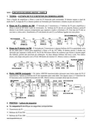 XXV - CIRCUITOS DO RÁDIO AM/FM – PARTE 3
1. TEORIA – A ETAPA DE FI E O DETETOR (OU DEMODULADOR)
Tem a função de amplificar e filtrar o sinal de FI fornecido pelo misturador. O detetor separa o sinal de
áudio da FI. A etapa de FI e o detetor podem ser formados por transístores e diodos ou por um único CI.
a. Etapa de FI e detetor de AM – É formada por 2 transístores e 3 bobinas de FI para amplificar e
filtrar o sinal de 455 KHz vindo do misturador. As bobinas de FI são de cor amarela, branca e preta.O
detetor é um diodo e poucos componentes que separam o áudio e eliminam a FI. Este tipo de FI não se
usa mais a vários anos. Atualmente a FI está dentro de um CI e as bobinas ligadas nos seus pinos.
b. Etapa de FI detetor de FM – É formada por 3 transístores e alguma bobinas de FI (a quantidade varia
de um rádio para o outro) para amplificar e filtrar a FI de 10,7 MHz. O detetor possui 2 diodos em
oposição que separam o áudio da FI. Na FI de FM temos filtros de cerâmica que fazem o mesmo papel
das bobinas, porém não precisam de calibração. As duas últimas bobinas são rosa e azul. Nos rádios
atuais, esta etapa está junto com a FI de AM dentro do mesmo CI. Abaixo vemos o circuito:
c. Rádio AM/FM conjugado – Os rádios AM/FM transistorizados possuem uma única etapa de FI (3
transístores). Apenas as bobinas de FI são separadas para cada rádio. Em alguns casos o 1º transístor de
FI funciona como oscilador/misturador de AM. Abaixo temos o exemplo deste tipo de circuito:
2. PRÁTICA – Leitura de esquema
a. No esquema 6 identifique os seguintes componentes:
Transístores de FI - __________________________________________________________________;
Bobinas de FI de FM - ________________________________________________________________;
Bobinas de FI de AM - ________________________________________________________________;
www.burgoseletronica.net 46
 