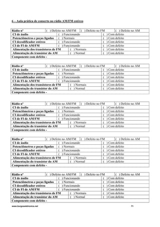 6 – Aula prática de conserto no rádio AM/FM estéreo
www.burgoseletronica.net 71
Rádio nº ( ) Defeito no AM/FM ( ) Defeito no FM ( ) Defeito no AM
CI de áudio ( ) Funcionando ( ) Com defeito
Potenciômetros e peças ligadas ( ) Normais ( ) Com defeito
CI decodificador estéreo ( ) Funcionando ( ) Com defeito
CI de FI de AM/FM ( ) Funcionando ( ) Com defeito
Alimentação dos transistores de FM ( ) Normais ( ) Com defeito
Alimentação do transístor do AM ( ) Normal ( ) Com defeito
Componente com defeito -
Rádio nº ( ) Defeito no AM/FM ( ) Defeito no FM ( ) Defeito no AM
CI de áudio ( ) Funcionando ( ) Com defeito
Potenciômetros e peças ligadas ( ) Normais ( ) Com defeito
CI decodificador estéreo ( ) Funcionando ( ) Com defeito
CI de FI de AM/FM ( ) Funcionando ( ) Com defeito
Alimentação dos transistores de FM ( ) Normais ( ) Com defeito
Alimentação do transístor do AM ( ) Normal ( ) Com defeito
Componente com defeito -
Rádio nº ( ) Defeito no AM/FM ( ) Defeito no FM ( ) Defeito no AM
CI de áudio ( ) Funcionando ( ) Com defeito
Potenciômetros e peças ligadas ( ) Normais ( ) Com defeito
CI decodificador estéreo ( ) Funcionando ( ) Com defeito
CI de FI de AM/FM ( ) Funcionando ( ) Com defeito
Alimentação dos transistores de FM ( ) Normais ( ) Com defeito
Alimentação do transístor do AM ( ) Normal ( ) Com defeito
Componente com defeito -
Rádio nº ( ) Defeito no AM/FM ( ) Defeito no FM ( ) Defeito no AM
CI de áudio ( ) Funcionando ( ) Com defeito
Potenciômetros e peças ligadas ( ) Normais ( ) Com defeito
CI decodificador estéreo ( ) Funcionando ( ) Com defeito
CI de FI de AM/FM ( ) Funcionando ( ) Com defeito
Alimentação dos transistores de FM ( ) Normais ( ) Com defeito
Alimentação do transístor do AM ( ) Normal ( ) Com defeito
Componente com defeito -
Rádio nº ( ) Defeito no AM/FM ( ) Defeito no FM ( ) Defeito no AM
CI de áudio ( ) Funcionando ( ) Com defeito
Potenciômetros e peças ligadas ( ) Normais ( ) Com defeito
CI decodificador estéreo ( ) Funcionando ( ) Com defeito
CI de FI de AM/FM ( ) Funcionando ( ) Com defeito
Alimentação dos transistores de FM ( ) Normais ( ) Com defeito
Alimentação do transístor do AM ( ) Normal ( ) Com defeito
Componente com defeito -
Rádio nº ( ) Defeito no AM/FM ( ) Defeito no FM ( ) Defeito no AM
CI de áudio ( ) Funcionando ( ) Com defeito
Potenciômetros e peças ligadas ( ) Normais ( ) Com defeito
CI decodificador estéreo ( ) Funcionando ( ) Com defeito
CI de FI de AM/FM ( ) Funcionando ( ) Com defeito
Alimentação dos transistores de FM ( ) Normais ( ) Com defeito
Alimentação do transístor do AM ( ) Normal ( ) Com defeito
Componente com defeito -
 