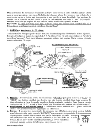 Meça os terminais das bobinas nos dois sentidos e observe o movimento da lente. Na bobina de foco, a lente
deve se mover para cima e para baixo. Na bobina de trilhagem, a lente deve se mover para os lados. Se o
ponteiro não mexer, a bobina está interrompida, o que significa a troca da unidade. Nos terminais do
canhão, com a vermelha no pino central, a preta em cada extremo, num deles o “laser” deve acender.
Devemos medir cada par de pinos nos dois sentidos, tanto o do fotodiodo, quanto o do LED.
Importante: Às vezes as bobinas estão boas, o “laser” acende, mas mesmo assim a unidade não faz a
leitura, devido ao enfraquecimento da emissão do feixe de “laser”.
3. PRÁTICA – Mecanismo do CD player:
Tem duas funções principais: girar o disco e deslizar a unidade ótica para a correta leitura da face espelhada.
Existem vários tipos de mecanismos: para 1, 2, 3, 5, 7 e até mais CDs. Há também os modelos de “gaveta” e
os modelos “carrossel”. Neste curso falaremos apenas dos modelos mais simples. Abaixo vemos o princípio
dos mecanismos do CD player:
a. Motores – No mecanismo central há dois motores: “SPINDLE” para girar o disco e o “SLED” ou
“SLIDE” para deslizar a unidade para frente e para trás. Quando a unidade ótica chega ao centro do
disco, ela aciona a chave de parada, a qual está ligada no circuito eletrônico. Desta forma o circuito
desliga o motor “SLED”, acende o “laser” e faz a lente da unidade ótica procurar o foco (subir e descer).
b. Engrenagens do mecanismo central – Transmitem a rotação do motor “SLED” para o carinho da
unidade ótica. Normalmente estas engrenagens são lubrificadas.
c. Gaveta – É um dos tipos mais simples de mecanismo para CD player. A gaveta é aberta e fechada
através de um terceiro motor chamado “LOADING” (carregamento). A transmissão deste motor para as
engrenagens da gaveta é feita através de uma correia. Embaixo da gaveta há
uma microchave que avisa ao circuito eletrônico se ela está aberta ou
fechada. Se esta chave não for acionada corretamente, o circuito fica abrindo
e fechando a gaveta sozinha. Ao lado vemos o aspecto desta chave:
www.burgoseletronica.net 92
 