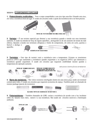 XXXVI – COMPONENTES ESPECIAIS
1. Potenciômetro multivoltas – Tem o corpo compridinho e um eixo tipo sem-fim. Girando este eixo,
ele varia a resistência bem devagar. É usado em circuitos onde o ajuste da resistência deve ser bem preciso.
2. Varistor – É um resistor especial que diminui a sua resistência quando a tensão nos seus terminais
aumenta. É usado na entrada de força de alguns aparelhos, protegendo-os de um aumento de tensão da rede
elétrica. Quando a tensão nos terminais ultrapassa o limite do componente, ele entra em curto, queima o
fusível e desliga o
aparelho.
3. Termistor – Este tipo de resistor varia a resistência com a temperatura. Existem os termistores
positivos (PTC) que aumentam a resistência quando esquentam e os negativos (NTC) que diminuem a
resistência quando esquentam. É usado em circuitos que requerem estabilidade mesmo quando a
temperatura de operação aumente.
4. Barra de resistores - São vários resistores interligados dentro de uma única peça, tendo um terminal
comum para todos. É usado em circuitos que requerem economia de espaço. Também pode ser chamado de
resistor package (pacote de resistores).
5. Fotorresistores - Também chamados de LDR, variam a resistência de acordo com a luz incidente
sobre ele. Quanto mais claro, menor é a sua resistência. São usado em circuitos sensíveis a iluminação
ambiente.
www.burgoseletronica.net 96
 