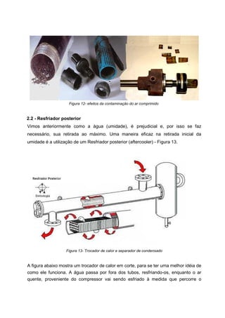 Figura 12- efeitos da contaminação do ar comprimido

2.2 - Resfriador posterior
Vimos anteriormente como a água (umidade), é prejudicial e, por isso se faz
necessário, sua retirada ao máximo. Uma maneira eficaz na retirada inicial da
umidade é a utilização de um Resfriador posterior (aftercooler) - Figura 13.

Figura 13- Trocador de calor e separador de condensado

A figura abaixo mostra um trocador de calor em corte, para se ter uma melhor idéia de
como ele funciona. A água passa por fora dos tubos, resfriando-os, enquanto o ar
quente, proveniente do compressor vai sendo esfriado à medida que percorre o

 