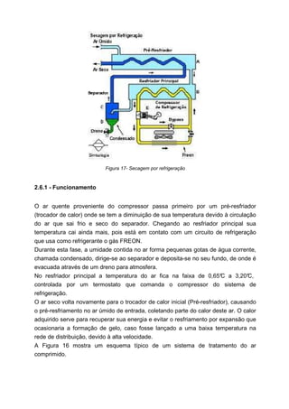 Figura 17- Secagem por refrigeração

2.6.1 - Funcionamento
O ar quente proveniente do compressor passa primeiro por um pré-resfriador
(trocador de calor) onde se tem a diminuição de sua temperatura devido à circulação
do ar que sai frio e seco do separador. Chegando ao resfriador principal sua
temperatura cai ainda mais, pois está em contato com um circuito de refrigeração
que usa como refrigerante o gás FREON.
Durante esta fase, a umidade contida no ar forma pequenas gotas de água corrente,
chamada condensado, dirige-se ao separador e deposita-se no seu fundo, de onde é
evacuada através de um dreno para atmosfera.
No resfriador principal a temperatura do ar fica na faixa de 0,65° a 3,20°
C
C,
controlada por um termostato que comanda o compressor do sistema de
refrigeração.
O ar seco volta novamente para o trocador de calor inicial (Pré-resfriador), causando
o pré-resfriamento no ar úmido de entrada, coletando parte do calor deste ar. O calor
adquirido serve para recuperar sua energia e evitar o resfriamento por expansão que
ocasionaria a formação de gelo, caso fosse lançado a uma baixa temperatura na
rede de distribuição, devido à alta velocidade.
A Figura 16 mostra um esquema típico de um sistema de tratamento do ar
comprimido.

 