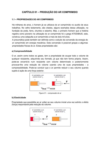 CAPÍTULO 01 – PRODUÇÃO DO AR COMPRIMIDO
1.1 – PROPRIEDADES DO AR COMPRIMIDO
Há milhares de anos, o homem já se utilizava do ar comprimido no auxilio de seus
trabalhos. No velho testamento, são citados, alguns exemplos dessa utilização, na
fundição da prata, ferro, chumbo e estanho. Mas, o primeiro homem que a história
registra como pioneiro na utilização do ar comprimido foi o grego KTESIBIUS, este,
construiu uma catapulta a ar comprimido a mais de dois mil anos.
A pneumática pode também ser definida como o estudo da conversão da energia do
ar comprimido em energia mecânica. Esta conversão é possível graças a algumas
propriedades físicas do ar. Estas propriedades são:
a) Compressibilidade
O ar, assim como todos os gases, tem a propriedade de ocupar todo o volume de
qualquer recipiente, adquirindo seu formato, já que não tem forma própria. Assim,
pode-se encerrá-lo num recipiente com volume determinado e posteriormente
provocar-lhe uma redução de volume usando uma de suas propriedades - a
compressibilidade. Pode-se concluir que o ar permite reduzir o seu volume quando
sujeito à ação de uma força exterior.

Figura 01 – compressão do ar

b) Elasticidade
Propriedade que possibilita ao ar voltar ao seu volume inicial uma vez extinto o efeito
(força) responsável pela redução do volume.

 