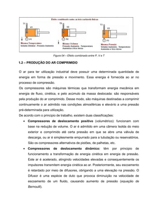 Figura 04 – Efeito combinado entre P, V e T

1.2 – PRODUÇÃO DO AR COMPRIMIDO
O ar para ter utilização industrial deve possuir uma determinada quantidade de
energia em forma de pressão e movimento. Essa energia é fornecida ao ar no
processo de compressão.
Os compressores são máquinas térmicas que transformam energia mecânica em
energia de fluxo, cinética, e pelo acúmulo da massa deslocada: são responsáveis
pela produção do ar comprimido. Desse modo, são máquinas destinadas a comprimir
continuamente o ar admitido nas condições atmosféricas e elevá-lo a uma pressão
pré-determinada para utilização.
De acordo com o principio de trabalho, existem duas classificações:
• Compressores de deslocamento positivo (volumétrico): funcionam com
base na redução de volume. O ar é admitido em uma câmera Isolda do meio
exterior e comprimido até certa pressão em que se abre uma válvula de
descarga, ou ar é simplesmente empurrado para a tubulação ou reservatórios.
São os compressores alternativos de pistões, de palhetas, etc.
• Compressores

de

deslocamento

dinâmico:

têm

por

principio

de

funcionamento a transformação de energia cinética em energia de pressão.
Este ar é acelerado, atingindo velocidades elevadas e consequentemente os
impulsores transmitem energia cinética ao ar. Posteriormente, seu escoamento
é retardado por meio de difusores, obrigando a uma elevação na pressão. O
Difusor é uma espécie de duto que provoca diminuição na velocidade de
escoamento de um fluido, causando aumento de pressão (equação de
Bernoulli).

 