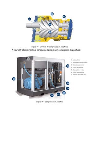 Figura 08 – unidade de compressão de parafusos

A figura 09 abaixo mostra a construção típica de um compressor de parafuso:

Figura 09 – compressor de parafuso

 