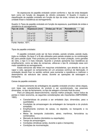 As espessuras do papelão ondulado variam conforme o tipo de onda desejado
bem como em função do desgaste do cilindro ondulador. O Quadro 3 mostra a
classificação de papelão ondulado em função do tipo de onda, número de ondas por
unidade linear e resistência ao esmagamento.

Quadro 3–Tipos de papelão ondulado em função da espessura, quantidade de ondas e
resistência ao esmagamento.
Tipo de onda      Espessura (mm)    Ondas por 10 cm    Resistência       ao
                                                       esmagamento (psi)
A                 4,5 a 5,0         11 a 13            40
C                 3,5 a 4,0         13 a 15            50
B                 2,4 a 3,0         16 a 18            57
E                 1,2 a 1,5         31 a 38            140
Fonte: Hanlon, 1971.


Tipos de papelão ondulado:

        O papelão ondulado pode ser de face simples, parede simples, parede dupla,
tripla ou múltipla. Os tipos C e B são utilizados para parede simples ou na combinação
BC para parede dupla. Para produtos que precisam de maior proteção, como garrafas
de vidro, o tipo C é mais indicado. Quando o produto apresenta boa resistência ao
empilhamento, como as latas de conservas, utiliza-se o tipo B, ondulação essa com
maior resistência ao esmagamento.
        Essas estruturas são feitas em maquinas onduladeiras, que através do uso de
vapor e cola, agrupam os componentes em um processo contínuo de fabricação. A
ondulação deverá ficar no sentido vertical, para aumentar a resistência e melhorar o
desempenho da estrutura das caixas, durante as operações de estocagem e
transporte.

Caixas de papelão ondulado:

       O desenvolvimento de embalagens de papelão ondulado envolve várias etapas,
com base nas características do produto a ser acondicionado, nas possíveis
dimensões, no tipo de fechamento, no tipo de selagem e formato final da caixa.
       Para um adequado desenvolvimento, visando melhor proteção, menor índice de
perdas e maior economia, as seguintes considerações são importantes (ABPO/IMAM,
1993):
          • Características do produto a ser embalado (tipo, dimensões, peso e
             quantidade);
          • Condições de armazenagem da embalagem de transporte e do produto
             embalado;
          • Empilhamento (número de caixas, no depósito, no transporte e no
             destino);
          • Meios de transporte (rodoviário, aéreo, marítimos, ferroviários ou
             combinados);
          • Mercado de destino (doméstico ou exportação);
          • Tempo de armazenagem;
          • Condições climáticas (antes, durante e após o transporte);
          • Condições de movimentação.

                                                                                    16
 