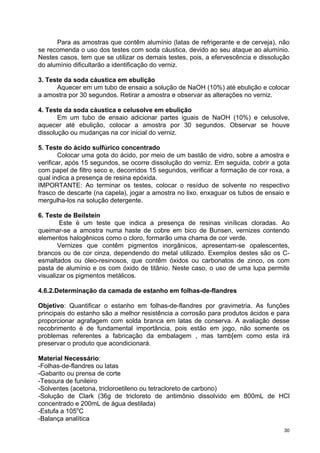 Para as amostras que contêm alumínio (latas de refrigerante e de cerveja), não
se recomenda o uso dos testes com soda cáustica, devido ao seu ataque ao alumínio.
Nestes casos, tem que se utilizar os demais testes, pois, a efervescência e dissolução
do alumínio dificultarão a identificação do verniz.

3. Teste da soda cáustica em ebulição
      Aquecer em um tubo de ensaio a solução de NaOH (10%) até ebulição e colocar
a amostra por 30 segundos. Retirar a amostra e observar as alterações no verniz.

4. Teste da soda cáustica e celusolve em ebulição
       Em um tubo de ensaio adicionar partes iguais de NaOH (10%) e celusolve,
aquecer até ebulição, colocar a amostra por 30 segundos. Observar se houve
dissolução ou mudanças na cor inicial do verniz.

5. Teste do ácido sulfúrico concentrado
        Colocar uma gota do ácido, por meio de um bastão de vidro, sobre a amostra e
verificar, após 15 segundos, se ocorre dissolução do verniz. Em seguida, cobrir a gota
com papel de filtro seco e, decorridos 15 segundos, verificar a formação de cor roxa, a
qual indica a presença de resina epóxida.
IMPORTANTE: Ao terminar os testes, colocar o resíduo de solvente no respectivo
frasco de descarte (na capela), jogar a amostra no lixo, enxaguar os tubos de ensaio e
mergulha-los na solução detergente.

6. Teste de Beilstein
        Este é um teste que indica a presença de resinas vinílicas cloradas. Ao
queimar-se a amostra numa haste de cobre em bico de Bunsen, vernizes contendo
elementos halogênicos como o cloro, formarão uma chama de cor verde.
       Vernizes que contêm pigmentos inorgânicos, apresentam-se opalescentes,
brancos ou de cor cinza, dependendo do metal utilizado. Exemplos destes são os C-
esmaltados ou óleo-resinosos, que contêm óxidos ou carbonatos de zinco, os com
pasta de alumínio e os com óxido de titânio. Neste caso, o uso de uma lupa permite
visualizar os pigmentos metálicos.

4.6.2.Determinação da camada de estanho em folhas-de-flandres

Objetivo: Quantificar o estanho em folhas-de-flandres por gravimetria. As funções
principais do estanho são a melhor resistência a corrosão para produtos ácidos e para
proporcionar agrafagem com solda branca em latas de conserva. A avaliação desse
recobrimento é de fundamental importância, pois estão em jogo, não somente os
problemas referentes a fabricação da embalagem , mas tamb[em como esta irá
preservar o produto que acondicionará.

Material Necessário:
-Folhas-de-flandres ou latas
-Gabarito ou prensa de corte
-Tesoura de funileiro
-Solventes (acetona, tricloroetileno ou tetracloreto de carbono)
-Solução de Clark (36g de tricloreto de antimônio dissolvido em 800mL de HCl
concentrado e 200mL de água destilada)
-Estufa a 105oC
-Balança analítica
                                                                                     30
 