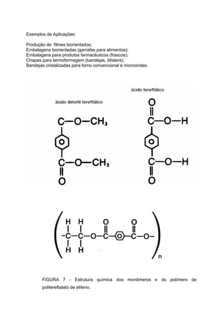 Exemplos de Aplicações:

Produção de filmes biorientados;
Embalagens biorientadas (garrafas para alimentos);
Embalagens para produtos farmacêuticos (frascos);
Chapas para termoformagem (bandejas, blisters);
Bandejas cristalizadas para forno convencional e microondas.




       FIGURA 7 - Estrutura química dos monômeros e do polímero de
       politereftalato de etileno.
                                                                 42
 