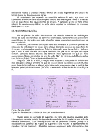 resistência relativa à pressão interna diminui em escala logarítmica em função do
tempo de uso ou de aplicação da carga.
        O revestimento por aspersão da superfície externa do vidro, age como um
lubrificante e diminui o atrito causado pelo contato das embalagens entre si e dessas
com as superfícies dos equipamentos de envase. A aplicação pode ser feita antes
(cloreto de estanho ou de titânio) ou após (óleos vegetais ou polietileno) do processo
de têmpera do vidro.

6.6.RESISTÊNCIA QUÍMICA

        Os recipientes de vidro destacam-se dos demais materiais de embalagem
devido às suas características de barreira e inerticidade. Geralmente não apresentam
os problemas de migração e corrosão, situações essas possíveis de acontecer com os
outros materiais.
        Entretanto, para outras aplicações além dos alimentos, e quando o período de
utilização da embalagem for longo, certo ataque (corrosão aquosa) da superfície do
vidro pelo produto poderá acontecer. Estudos feitos pelo setor farmacêutico, indicam
que o vidro é mais afetado pela água destilada com pH neutro do que pela água
comum. Soluções ácidas diluídas são também mais agressivas do que as mais
concentradas. Nestas condições, os íons de sódio (Na+) do vidro são substituídos pelos
íons de hidrogênio (H+) das soluções ácidas diluídas.
        Segundo Clark et. al 1979, a reação entre a água e o vidro pode ser dividido em
dois estágios: o ataque primário no qual os íons de sódio e potássio são substituídos
pelos íons de hidrogênio e o ataque secundário cujo processo envolve a quebra das
ligações principais da estrutura (Si-O-Si), ocasionando a dissolução do vidro (Figura
9).




Fonte: Zanotto, 2002.
Figura 9 – Reações de corrosão de vidro por solução aquosa.

      Outros casos de corrosão da superfície do vidro são aqueles causados pelo
intemperismo, ou seja, o efeito da degradação superficial de vidros planos pela ação da
umidade atmosférica, cujas conseqüências são as pequenas crateras (pitting) e o
descascamento (spalling) de regiões da superfície e até mesmo o aparecimento de
manchas visíveis (staining). Situações curiosas acontecem pelo intemperismo dos

                                                                                     54
 