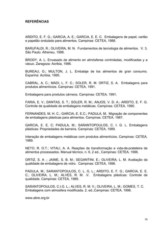 REFERÊNCIAS



ARDITO, E. F. G.; GARCIA, A. E.; GARCIA, E. E. C. Embalagens de papel, cartão
e papelão ondulado para alimentos. Campinas: CETEA, 1988.

BARUFALDI, R.; OLIVEIRA, M. N. Fundamentos de tecnologia de alimentos. V. 3,
São Paulo: Atheneu, 1998.

BRODY, A. L. Envasado de alimento en atmósferas controladas, modificadas y a
vácuo. Zaragoza: Acribia, 1996.

BUREAU, G.; MULTON, J. L. Embalaje de los alimentos de gran consumo.
Espanha: Acribia, 1995.

CABRAL, A. C.; MADI, L. F. C.; SOLER, R. M. ORTIZ, S. A. Embalagens para
produtos alimentícios. Campinas: CETEA, 1991.

Embalagens para produtos cárneos. Campinas: CETEA, 1991.

FARIA, E. V.; DANTAS, S. T.; SOLER, R. M.; ANJOS, V. D. A.; ARDITO, E. F. G.
Controle de qualidade de embalagens metálicas. Campinas: CETEA, 1990.

FERNANDES, M. H. C.; GARCIA, E. E.C.; PADULA, M. Migração de componentes
de embalagens plásticas para alimentos. Campinas: CETEA, 1987.

GARCIA, E. E. C; PADULA, M.; SARANTOPOULOS, C. I. G. L. Embalagens
plásticas: Propriedades de barreira. Campinas: CETEA, 1989.

Interação de embalagens metálicas com produtos alimentícios. Campinas: CETEA,
1989.

NETO, R. O.T.; VITALI, A. A. Reações de transformação e vida-de-prateleira de
alimentos processados. Manual técnico. n. 6, 2 ed., Campinas: CETEA, 1996.

ORTIZ, S. A .; JAIME, S. B. M.; SEGANTINI, E.; OLIVEIRA, L. M. Avaliação da
qualidade de embalagens de vidro. Campinas: CETEA, 1996.

PADULA, M.; SARANTOPOULOS, C. L. G. L.; ARDITO, E. F. G.; GARCIA, E. E.
C.; OLIVEIRA, L. M.; ALVES, R. M. .V. Embalagens plásticas: Controle de
qualidade. Campinas: CETEA, 1989.

SARANTOPOULOS, C.I.G. L.; ALVES, R. M. V.; OLIVEIRA, L. M.; GOMES, T. C.
Embalagens com atmosfera modificada. 2. ed.,Campinas: CETEA, 1998.

www.abre.org.br




                                                                           79
 