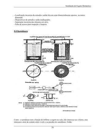 Instalação de Esgoto Doméstico

- Localização incorreta da entrada e saída( devem estar diametralmente opostos na maior
dimensão.
- Dispositivos de entrada e saída inadequados.
- Separação incorreta das câmaras em série.
- Falta de acesso para inspeção e limpeza.
5.5 Sumidouro

Como o sumidouro tem a função de infiltrar o esgoto no solo, não interessa seu volume, mas
interessa a área de contato entre o solo e as paredes do sumidouro. Então:
24

 