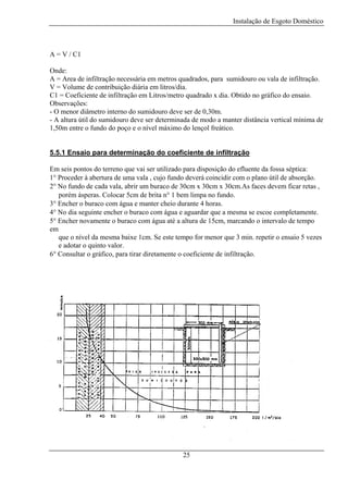 Instalação de Esgoto Doméstico

A = V / C1
Onde:
A = Area de infiltração necessária em metros quadrados, para sumidouro ou vala de infiltração.
V = Volume de contribuição diária em litros/dia.
C1 = Coeficiente de infiltração em Litros/metro quadrado x dia. Obtido no gráfico do ensaio.
Observações:
- O menor diâmetro interno do sumidouro deve ser de 0,30m.
- A altura útil do sumidouro deve ser determinada de modo a manter distância vertical mínima de
1,50m entre o fundo do poço e o nível máximo do lençol freático.
5.5.1 Ensaio para determinação do coeficiente de infiltração
Em seis pontos do terreno que vai ser utilizado para disposição do efluente da fossa séptica:
1° Proceder à abertura de uma vala , cujo fundo deverá coincidir com o plano útil de absorção.
2° No fundo de cada vala, abrir um buraco de 30cm x 30cm x 30cm.As faces devem ficar retas ,
porém ásperas. Colocar 5cm de brita n° 1 bem limpa no fundo.
3° Encher o buraco com água e manter cheio durante 4 horas.
4° No dia seguinte encher o buraco com água e aguardar que a mesma se escoe completamente.
5° Encher novamente o buraco com água até a altura de 15cm, marcando o intervalo de tempo
em
que o nível da mesma baixe 1cm. Se este tempo for menor que 3 min. repetir o ensaio 5 vezes
e adotar o quinto valor.
6° Consultar o gráfico, para tirar diretamente o coeficiente de infiltração.

25

 