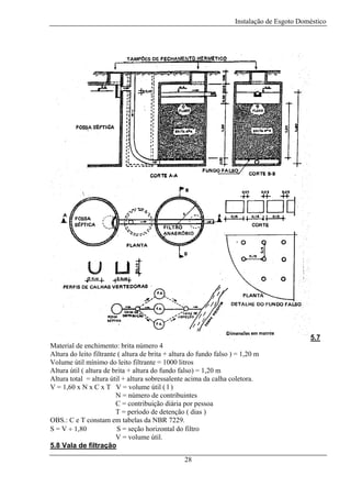 Instalação de Esgoto Doméstico

5.7
Material de enchimento: brita número 4
Altura do leito filtrante ( altura de brita + altura do fundo falso ) = 1,20 m
Volume útil mínimo do leito filtrante = 1000 litros
Altura útil ( altura de brita + altura do fundo falso) = 1,20 m
Altura total = altura útil + altura sobressalente acima da calha coletora.
V = 1,60 x N x C x T V = volume útil ( l )
N = número de contribuintes
C = contribuição diária por pessoa
T = período de detenção ( dias )
OBS.: C e T constam em tabelas da NBR 7229.
S = V ÷ 1,80
S = seção horizontal do filtro
V = volume útil.
5.8 Vala de filtração
28

 