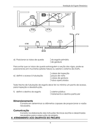 Instalação de Esgoto Doméstico

d) Posicionar os tubos de queda

do esgoto primário
de gordura

Para evitar que os tubos de queda estrangulem a seção das vigas, pode-se
posicioná-los em muchetas (pilares falsos) ou adotar o sistema de shafts.
caixas de inspeção
poços de visita
caixas de gordura
tubos operculados

e) definir o acesso à tubulação

Todo trecho de tubulação de esgoto deve ter no mínimo um ponto de acesso,
para inspeção e desobstrução.
f) definir o destino do esgoto

coletor público
tratamento e destino particular

Dimensionamento

Consiste em determinar os diâmetros capazes de proporcionar a vazão
necessária.

Comunicação

Consiste na elaboração das instruções técnicas escritas e desenhadas
necessárias para a execução do projeto.

4. ATENDIMENTO AOS OBJETIVOS DO PROJETO
6

 