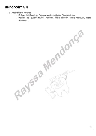 ENDODONTIA II 
8 
o Anatomia dos molares: 
Molares de três raízes: Palatina, Mésio-vestibular, Disto-vestibular. 
Molares de quatro raízes: Palatina, Mésio-palatino, Mésio-vestibular, Disto- vestibular. 
 