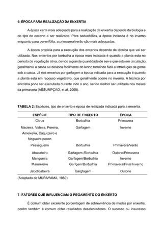 6- ÉPOCA PARA REALIZAÇÃO DA ENXERTIA

      A época certa mais adequada para a realização da enxertia depende da biologia e
do tipo de enxerto a ser realizado. Para caducifólias, a época indicada é no inverno
enquanto para perenifólia, a primavera/verão são mais adequadas.

      A época propicia para a execução dos enxertos depende da técnica que vai ser
utilizada. Nos enxertos por borbulha a época mais indicada é quando a planta esta no
período de vegetação ativa, devido a grande quantidade de seiva que esta em circulação,
geralmente a casca se desloca facilmente do lenho tornando fácil a introdução da gema
sob a casca. Já nos enxertos por garfagem a época indicada para a execução é quando
a planta esta em repouso vegetativo, que geralmente ocorre no inverno. A técnica por
encostia pode ser executada durante todo o ano, sendo melhor ser utilizada nos meses
da primavera (ASSUMPÇAO, et al, 2005).




TABELA 2: Espécies, tipo de enxerto e época de realizada indicada para a enxertia.

          ESPÉCIE                 TIPO DE ENXERTO                    ÉPOCA
            Citrus                     Borbulhia                   Primavera

  Macieira, Videira, Pereira,          Garfagem                      Inverno
   Ameixeira, Caquizeiro e
       Nogueira pecan
        Pessegueiro                    Borbulhia                Primavera/Verão

         Abacateiro              Garfagem /Borbulhia           Outono/Primavera
         Mangueira                Garfagem/Borbulhia                 Inverno
         Marmeleiro               Garfgem/Borbulhia          Primavera/Final Inverno

        Jaboticabeira                 Gargfagem                      Outono

(Adaptado de MURAYAMA, 1980).




7- FATORES QUE INFLUENCIAM O PEGAMENTO DO ENXERTO

      É comum obter excelente porcentagem de sobrevivência de mudas por enxertia,
porém também é comum obter resultados desalentadores. O sucesso ou insucesso
 