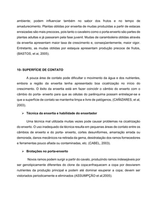 ambiente; podem influenciar também no sabor dos frutos e no tempo de
amadurecimento. Plantas obtidas por enxertia de mudas produzidas a partir de estacas
enraizadas são mais precoces, pois tanto o cavaleiro como o porta-enxerto são partes de
plantas adultas e já passaram pela fase juvenil. Mudas de caramboleira obtidas através
da enxertia apresentam maior taxa de crescimento e, conseqüentemente, maior vigor.
Entretanto, as mudas obtidas por estaquia apresentam produção precoce de frutos,
(BASTOS, et ai, 2005).




10- SUPERFÍCIE DE CONTATO

         A pouca área de contato pode dificultar o movimento da água e dos nutrientes,
embora a região da enxertia tenha apresentado boa cicatrização no início do
crescimento. O êxito da enxertia está em fazer coincidir o câmbio do enxerto com o
câmbio do porta- enxerto para que as células do parênquima possam entrelaçar-se e
que a superfície de contato se mantenha limpa e livre de patógenos, (CAÑIZARES, et al,
2003).

         Técnica da enxertia e habilidade do enxertador

         Uma técnica mal utilizada muitas vezes pode causar problemas na cicatrização
do enxerto. O uso inadequado da técnica resulta em pequenas áreas de contato entre os
câmbios de enxerto e do porta- enxerto, cortes desuniformes, amarração errada ou
demorada, danos mecânicos na retirada da gema, desidratação dos ramos fornecedores
e ferramentas pouco afiada ou contaminadas, etc. (CABEL, 2003).

         Brotações no porta-enxerto

         Novos ramos podem surgir a partir do cavalo, produzindo ramos indesejáveis por
ser genotipicamente diferentes do clone da copa;enfraquecem a copa por desviarem
nutrientes da produção principal e podem até dominar esuperar a copa; devem ser
vistoriados periodicamente e eliminados (ASSUMPÇÃO et al,2005).
 