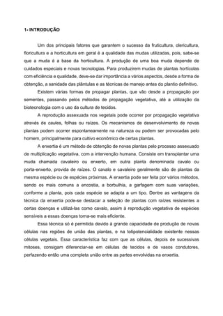 1- INTRODUÇÃO


      Um dos principais fatores que garantem o sucesso da fruticultura, olericultura,
floricultura e a horticultura em geral é a qualidade das mudas utilizadas, pois, sabe-se
que a muda é a base da horticultura. A produção de uma boa muda depende de
cuidados especiais e novas tecnologias. Para produzirem mudas de plantas hortícolas
com eficiência e qualidade, deve-se dar importância a vários aspectos, desde a forma de
obtenção, a sanidade das plântulas e as técnicas de manejo antes do plantio definitivo.
      Existem várias formas de propagar plantas, que vão desde a propagação por
sementes, passando pelos métodos de propagação vegetativa, até a utilização da
biotecnologia com o uso da cultura de tecidos.
      A reprodução assexuada nos vegetais pode ocorrer por propagação vegetativa
através de caules, folhas ou raízes. Os mecanismos de desenvolvimento de novas
plantas podem ocorrer espontaneamente na natureza ou podem ser provocadas pelo
homem, principalmente para cultivo econômico de certas plantas.
      A enxertia é um método de obtenção de novas plantas pelo processo assexuado
de multiplicação vegetativa, com a intervenção humana. Consiste em transplantar uma
muda chamada cavaleiro ou enxerto, em outra planta denominada cavalo ou
porta-enxerto, provida de raízes. O cavalo e cavaleiro geralmente são de plantas da
mesma espécie ou de espécies próximas. A enxertia pode ser feita por vários métodos,
sendo os mais comuns a encostia, a borbulhia, a garfagem com suas variações,
conforme a planta, pois cada espécie se adapta a um tipo. Dentre as vantagens da
técnica da enxertia pode-se destacar a seleção de plantas com raízes resistentes a
certas doenças e utilizá-las como cavalo, assim à reprodução vegetativa de espécies
sensíveis a essas doenças torna-se mais eficiente.
      Essa técnica só é permitida devido à grande capacidade de produção de novas
células nas regiões de união das plantas, e na totipotencialidade existente nessas
células vegetais. Essa característica faz com que as células, depois de sucessivas
mitoses, consigam diferenciar-se em células de tecidos e de vasos condutores,
perfazendo então uma completa união entre as partes envolvidas na enxertia.
 