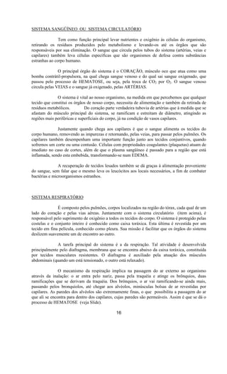 SISTEMA SANGÜÍNEO OU SISTEMA CIRCULATÓRIO
Tem como função principal levar nutrientes e oxigênio às células do organismo,
retirando os resíduos produzidos pelo metabolismo e levando-os até os órgãos que são
responsáveis por sua eliminação. O sangue que circula pelos tubos do sistema (artérias, veias e
capilares) também leva células específicas que são organismos de defesa contra substâncias
estranhas ao corpo humano.
O principal órgão do sistema é o CORAÇÃO, músculo oco que atua como uma
bomba contrátil-propulsora, na qual chega sangue venoso e do qual sai sangue oxigenado, que
passou pelo processo de HEMATOSE, ou seja, pela troca de CO2 por O2. O sangue venoso
circula pelas VEIAS e o sangue já oxigenado, pelas ARTÉRIAS.
O sistema é vital ao nosso organismo, na medida em que percebemos que qualquer
tecido que constitui os órgãos de nosso corpo, necessita de alimentação e também da retirada de
resíduos metabólicos. Do coração parte verdadeira tubovia de artérias que à medida que se
afastam do músculo principal do sistema, se ramificam e estreitam de diâmetro, atingindo as
regiões mais periféricas e superficiais do corpo, já na condição de vasos capilares.
Justamente quando chega aos capilares é que o sangue alimenta os tecidos do
corpo humano, removendo as impurezas e retornando, pelas veias, para passar pelos pulmões. Os
capilares também desempenham uma importante função junto aos tecidos conjuntivos, quando
sofremos um corte ou uma contusão. Células com propriedades coagulantes (plaquetas) atuam de
imediato no caso de cortes, além de que o plasma sangüíneo é passado para a região que está
inflamada, sendo esta embebida, transformando-se num EDEMA.
A recuperação de tecidos lesados também se dá graças à alimentação proveniente
do sangue, sem falar que o mesmo leva os leucócitos aos locais necessários, a fim de combater
bactérias e microorganismos estranhos.
SISTEMA RESPIRATÓRIO
É composto pelos pulmões, corpos localizados na região do tórax, cada qual de um
lado do coração e pelas vias aéreas. Juntamente com o sistema circulatório (item acima), é
responsável pelo suprimento de oxigênio a todos os tecidos do corpo. O sistema é protegido pelas
costelas e o conjunto inteiro é conhecido como caixa toráxica. Esta última é revestida por um
tecido em fina película, conhecido como pleura. Sua missão é facilitar que os órgãos do sistema
deslizem suavemente um de encontro ao outro.
A tarefa principal do sistema é a da respiração. Tal atividade é desenvolvida
principalmente pelo diafragma, membrana que se encontra abaixo da caixa toráxica, constituída
por tecidos musculares resistentes. O diafragma é auxiliado pela atuação dos músculos
abdominais (quando um está tensionado, o outro está relaxado).
O mecanismo da respiração implica na passagem do ar externo ao organismo
através da inalação: o ar entra pelo nariz, passa pela traquéia e atinge os brônquios, duas
ramificações que se derivam da traquéia. Dos brônquios, o ar vai ramificando-se ainda mais,
passando pelos bronquíolos, até chegar aos alvéolos, minúsculas bolsas de ar revestidas por
capilares. As paredes dos alvéolos são extremamente finas, o que possibilita a passagem do ar
que ali se encontra para dentro dos capilares, cujas paredes são permeáveis. Assim é que se dá o
processo de HEMATOSE (veja Slide).
16
 