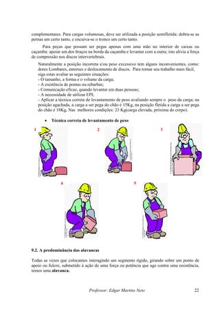 complementares. Para cargas volumosas, deve ser utilizada a posição semifletida: dobra-se as
pernas um certo tanto, e encurva-se o tronco um certo tanto.
     Para peças que possam ser pegas apenas com uma mão no interior de caixas ou
caçamba: apoiar um dos braços na borda da caçamba e levantar com a outra; isto alivia a força
de compressão nos discos intervertebrais.
     Naturalmente a posição incorreta e/ou peso excessivo tem alguns inconvenientes, como:
     dores Lombares, entorses e deslocamento de discos. Para tornar seu trabalho mais fácil,
     siga estas avaliar as seguintes situações:
     - O tamanho, a forma e o volume da carga;
     - A existência de pontas ou rebarbas;
     - Comunicação eficaz, quando levantar em duas pessoas;
     - A necessidade de utilizar EPI;
     - Aplicar a técnica correta de levantamento de peso avaliando sempre o peso da carga; na
     posição agachada, a carga a ser pega do chão é 15Kg, na posição fletida a carga a ser pega
     do chão é 18Kg, Nas melhores condições: 23 Kg(carga elevada, próxima do corpo).

        •   Técnica correta de levantamento de peso

 1                                    2                                  3




                 4                                        5




9.2. A predominância das alavancas

Todas as vezes que colocamos interagindo um segmento rígido, girando sobre um ponto de
apoio ou fulcro, submetido à ação de uma força ou potência que age contra uma resistência,
temos uma alavanca.



                                 Professor: Edgar Martins Neto                              22
 