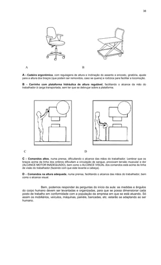38
A B
A - Cadeira ergonômica, com regulagens de altura e inclinação do assento e encosto, giratória, ajuste
para a altura dos braços (que podem ser removidos, caso se queira) e rodízios para facilitar a locomoção.
B – Carrinho com plataforma hidráulica de altura regulável, facilitando o alcance da mão do
trabalhador à carga transportada, sem ter que se debruçar sobre a plataforma.
C D
C – Comandos altos, numa prensa, dificultando o alcance das mãos do trabalhador. Lembrar que os
braços acima da linha dos ombros dificultam a circulação de sangue, provocam tensão muscular e dor
(ALCANCE MOTOR INADEQUADO), bem como o ALCANCE VISUAL dos comandos está acima da linha
de visão do trabalhador (fazendo com que este levante a cabeça).
D – Comandos na altura adequada, numa prensa, facilitando o alcance das mãos do trabalhador, bem
como o alcance visual.
Bem, podemos responder às perguntas do início da aula: as medidas e ângulos
do corpo humano devem ser levantadas e organizadas, para que se possa dimensionar cada
posto de trabalho em conformidade com a população da empresa em que se está atuando. Só
assim os mobiliários, veículos, máquinas, painéis, bancadas, etc. estarão se adaptando ao ser
humano.
 