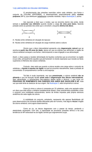 6
1.A) LIMITAÇÕES DA COLUNA VERTEBRAL
O amortecimento das pressões exercidas sobre cada vértebra, que forma o
conjunto da COLUNA VERTEBRAL, é desempenhado essencialmente pelos núcleos
pulposos (NP’s), que distribuem radialmente a pressão recebida. Veja a Ilustração 2, acima.
Isto equivale a dizer que o núcleo, que se encontra dentro dos anéis, tende
sempre a aumentar seu diâmetro quando recebe a carga de cima para baixo, fazendo
pressão sobre as paredes dos anéis que o envolvem, enquanto diminui de altura.
A B
A - Núcleo entre vértebras em situação de repouso
B - Núcleo entre vértebras em situação de carga incidindo sobre a coluna
Ocorre que o disco intervertebral apresenta uma degeneração natural que se
acentua a partir dos 20 anos de idade, época em que as artérias que alimentam a região da
coluna vertebral começam a se fechar, interrompendo a vaso-irrigação e sua alimentação.
Assim, o disco passa a receber alimentação de líquidos nutrientes que se encontram na região
à sua volta, principalmente aqueles que permanecem no tecido esponjoso que reveste as faces
superiores e inferiores dos corpos vertebrais.
Contudo, claro está que quando a coluna recebe uma carga sobre o conjunto de
vértebras, o líquido é expulso da região na qual se encontra naturalmente, dada a pressão ali
concentrada. O comportamento é similar a uma esponja.
Tal fato é muito importante, vez que pressionada, a coluna vertebral não se
alimenta e que tal situação facilita ainda mais a degeneração dos discos intervertebrais.
Sem alimentação, a característica fibro-elástica destes tende a diminuir, o que inicia um
PROCESSO DE ROMPIMENTO DAS PAREDES DOS ANÉIS QUE ENVOLVEM O NP, toda
vez que este tenta se deslocar de sua origem. Na Ilustração 3, este rompimento é visível.
Como já vimos a coluna é composta por 33 vértebras, cada uma apoiada sobre
um disco que está sobre a vértebra imediatamente abaixo. Esta característica possibilita a todo
o conjunto uma mobilidade extraordinária, dentro de limites impostos pela própria estrutura
anatômica de cada região da coluna.
A mobilidade do conjunto, entretanto, representa não apenas flexibilidade útil
para desenvolvê-lo de inúmeras tarefas efetuadas pelo ser humano, mas alguns riscos à região
da coluna vertebral, como agora observaremos.
Como se viu, os discos degeneram com o passar do tempo, perdendo a
elasticidade necessária. Com isto, a capacidade de amortecer pressões diminui e há uma
tendência do NP extravasar-se da região central que originalmente ocupa.
 