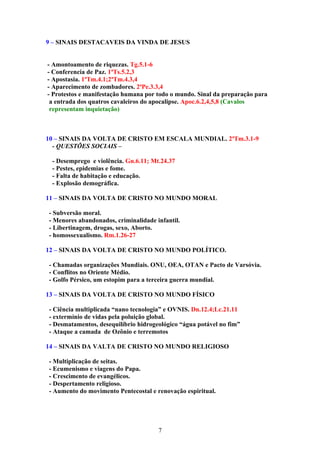 9 – SINAIS DESTACAVEIS DA VINDA DE JESUS


- Amontoamento de riquezas. Tg.5.1-6
- Conferencia de Paz. 1ªTs.5.2,3
- Apostasia. 1ªTm.4.1;2ªTm.4.3,4
- Aparecimento de zombadores. 2ªPe.3.3,4
- Protestos e manifestação humana por todo o mundo. Sinal da preparação para
 a entrada dos quatros cavaleiros do apocalipse. Apoc.6.2,4,5,8 (Cavalos
 representam inquietação)



10 – SINAIS DA VOLTA DE CRISTO EM ESCALA MUNDIAL. 2ªTm.3.1-9
  - QUESTÕES SOCIAIS –

 - Desemprego e violência. Gn.6.11; Mt.24.37
 - Pestes, epidemias e fome.
 - Falta de habitação e educação.
 - Explosão demográfica.

11 – SINAIS DA VOLTA DE CRISTO NO MUNDO MORAL

- Subversão moral.
- Menores abandonados, criminalidade infantil.
- Libertinagem, drogas, sexo, Aborto.
- homossexualismo. Rm.1.26-27

12 – SINAIS DA VOLTA DE CRISTO NO MUNDO POLÍTICO.

- Chamadas organizações Mundiais. ONU, OEA, OTAN e Pacto de Varsóvia.
- Conflitos no Oriente Médio.
- Golfo Pérsico, um estopim para a terceira guerra mundial.

13 – SINAIS DA VOLTA DE CRISTO NO MUNDO FÍSICO

- Ciência multiplicada “nano tecnologia” e OVNIS. Dn.12.4;Lc.21.11
- extermínio de vidas pela poluição global.
- Desmatamentos, desequilíbrio hidrogeológico “água potável no fim”
- Ataque a camada de Ozônio e terremotos

14 – SINAIS DA VALTA DE CRISTO NO MUNDO RELIGIOSO

- Multiplicação de seitas.
- Ecumenismo e viagens do Papa.
- Crescimento de evangélicos.
- Despertamento religioso.
- Aumento do movimento Pentecostal e renovação espiritual.




                                      7
 
