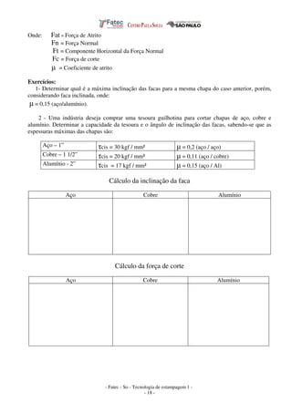 - Fatec - So - Tecnologia de estampagem 1 -
- 18 -
Onde: Fat = Força de Atrito
Fn = Força Normal
Ft = Componente Horizontal da Força Normal
Fc = Força de corte
µ = Coeficiente de atrito
Exercícios:
1- Determinar qual é a máxima inclinação das facas para a mesma chapa do caso anterior, porém,
considerando faca inclinada, onde:
µ = 0,15 (aço/alumínio).
2 - Uma indústria deseja comprar uma tesoura guilhotina para cortar chapas de aço, cobre e
alumínio. Determinar a capacidade da tesoura e o ângulo de inclinação das facas, sabendo-se que as
espessuras máximas das chapas são:
Aço – 1” τcis = 30 kgf / mm² µ = 0,2 (aço / aço)
Cobre – 1 1/2” τcis = 20 kgf / mm² µ = 0,11 (aço / cobre)
Alumínio - 2” τcis = 17 kgf / mm² µ = 0,15 (aço / Al)
Cálculo da inclinação da faca
Aço Cobre Alumínio
Cálculo da força de corte
Aço Cobre Alumínio
 