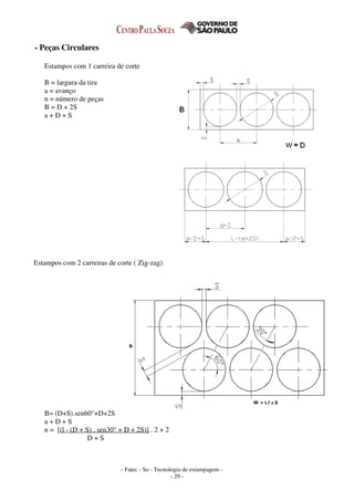 - Fatec - So - Tecnologia de estampagem -
- 29 -
- Peças Circulares
Estampos com 1 carreira de corte
B = largura da tira
a = avanço
n = número de peças
B = D + 2S
a + D + S
Estampos com 2 carreiras de corte ( Zig-zag)
B= (D+S).sen60°+D+2S
a + D + S
n = [(l - (D + S) . sen30° + D + 2S)] . 2 + 2
D + S
 