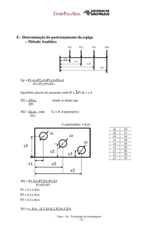 - Fatec - So - Tecnologia de estampagem -
- 32 -
E - Determinação do posicionamento da espiga
– Método Analítico
Xg = P1.x1+P2.x2+P3.x3+P4.x4
(P1+P2+P3+P4)
Equilíbrio através do momento onde Pt = ΣPi de 1 a 4
XG = ΣPixi donde se deduz que
ΣPi
XG = ΣLixi onde Li = π .d (perímetro)
ΣLi
XG = P1.X1+P2.X2+P3.X3
P1+P2+P3
P1 = L1.e.τcis
P2 = L2.e.τcis
P3 = L3.e.τcis
XG = e. τcis . (L1.X1+L2.X2+L3.X3)
d1 10
d2 12
d3 14
x1 10
x2 30
x3 50
y1 50
y2 30
y3 10
 