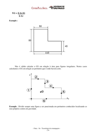 - Fatec - So - Tecnologia de estampagem -
- 34 -
YG = Σ Li.Yi
Σ Li
Exemplo :
Não é válido calcular o CG em relação à área para figuras irregulares. Nestes casos
calculamos o CG em relação ao perímetro que é onde haverá corte.
Exemplo : Dividir sempre uma figura a ser puncionada em perímetros conhecidos localizando os
seus próprios centros de gravidade.
 