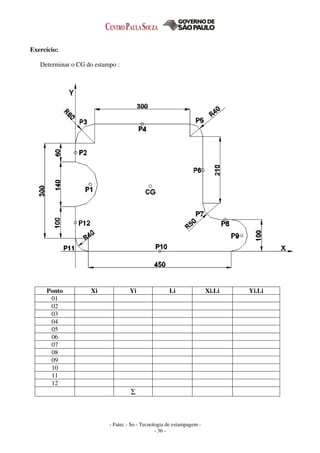 - Fatec - So - Tecnologia de estampagem -
- 36 -
Exercício:
Determinar o CG do estampo :
Ponto Xi Yi Li Xi.Li Yi.Li
01
02
03
04
05
06
07
08
09
10
11
12
Σ
 