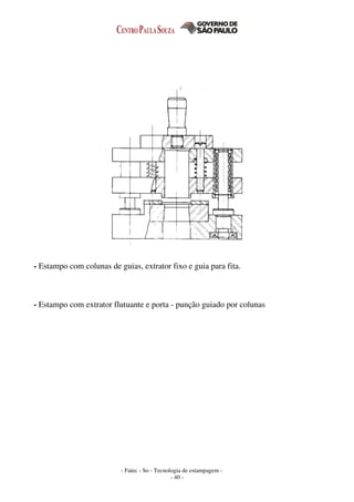 - Fatec - So - Tecnologia de estampagem -
- 40 -
- Estampo com colunas de guias, extrator fixo e guia para fita.
- Estampo com extrator flutuante e porta - punção guiado por colunas
 