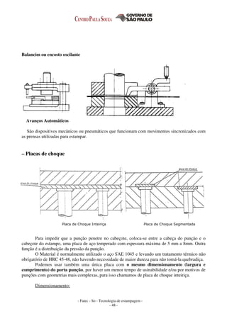 - Fatec - So - Tecnologia de estampagem -
- 48 -
Balancim ou encosto oscilante
Avanços Automáticos
São dispositivos mecânicos ou pneumáticos que funcionam com movimentos sincronizados com
as prensas utilizadas para estampar.
– Placas de choque
Placa de Choque Inteiriça Placa de Choque Segmentada
Para impedir que a punção penetre no cabeçote, coloca-se entre a cabeça do punção e o
cabeçote do estampo, uma placa de aço temperado com espessura máxima de 5 mm a 8mm. Outra
função é a distribuição da pressão da punção.
O Material é normalmente utilizado o aço SAE 1045 e levando um tratamento térmico não
obrigatório de HRC 45-48, não havendo necessidade de maior dureza para não torná-la quebradiça.
Podemos usar também uma única placa com o mesmo dimensionamento (largura e
comprimento) do porta punção, por haver um menor tempo de usinabilidade e/ou por motivos de
punções com geometrias mais complexas, para isso chamamos de placa de choque inteiriça.
Dimensionamento:
 