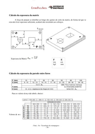 - Fatec - So - Tecnologia de estampagem -
- 58 -
Cálculo da espessura da matriz
A força de punção se distribui ao longo dos gumes de corte da matriz, de forma tal que se
esta não tiver espessura suficiente, acabará não resistindo aos esforços.
Espessura da Matriz:
Cálculo da espessura da parede entre furos
F (ton) 10 15 20 30 50 90 120
C (mm) 9 - 10 12 - 13 14 - 15 17 - 18 21 - 23 29 - 30 34 - 35
Y (mm)
2 a 3 . em OBS: Para matrizes inteiriças
ou encaixadas podemos
Z (mm) α . e (e = espessura da chapa em mm) tomar 0,8 . em
Para os valores de α, vide tabela abaixo:
Valores de α :
F E
ton cm
kgf mm
 