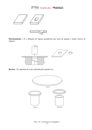 - Fatec - So - Tecnologia de estampagem 1 -
- 6 -
Puncionamento – É a obtenção de figuras geométricas por meio de punção e matriz através de
impacto.
Recorte – É a operação de corte realizada pela segunda vez.
 